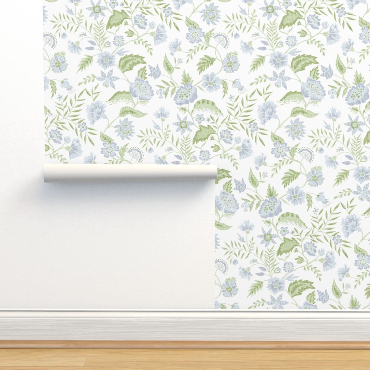 Boho Floral Modern Chintz Garden Vine Cottagecore Farmhouse Blue Green Custom Removable Wallpaper by Spoonflower Peel & Stick Wallpaper 2FT Wide